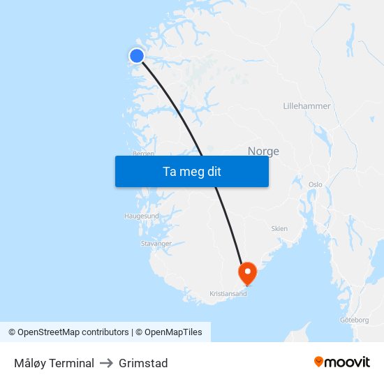 Måløy Terminal to Grimstad map