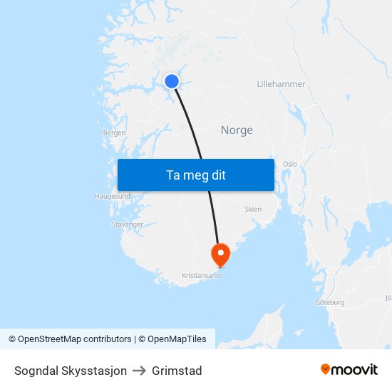 Sogndal Skysstasjon to Grimstad map