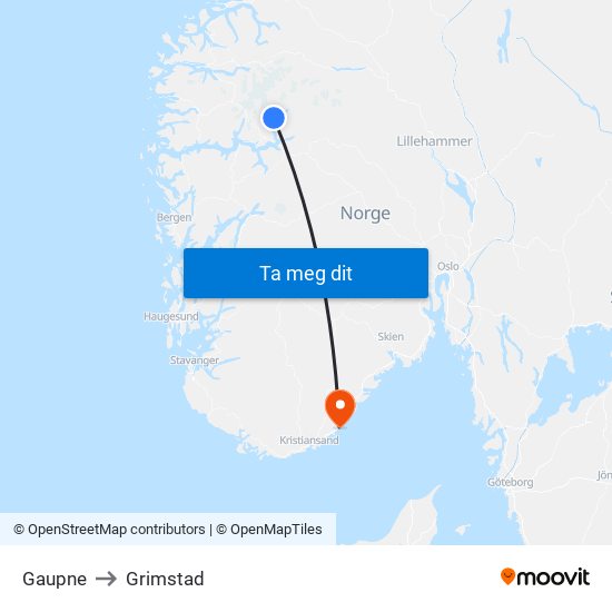 Gaupne to Grimstad map