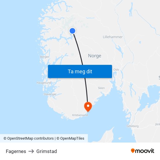 Fagernes to Grimstad map