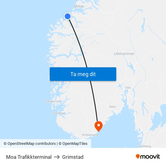 Moa Trafikkterminal to Grimstad map