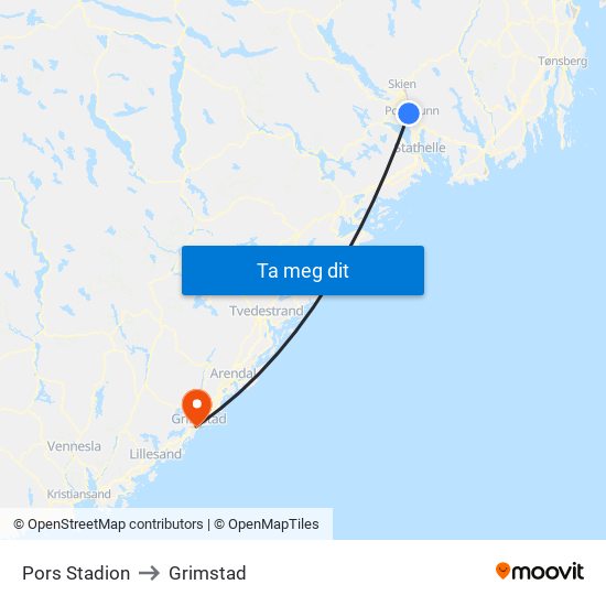 Pors Stadion to Grimstad map