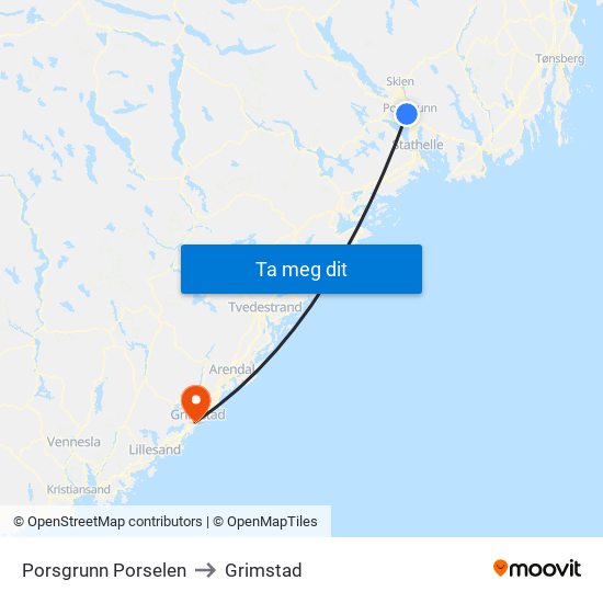 Porsgrunn Porselen to Grimstad map