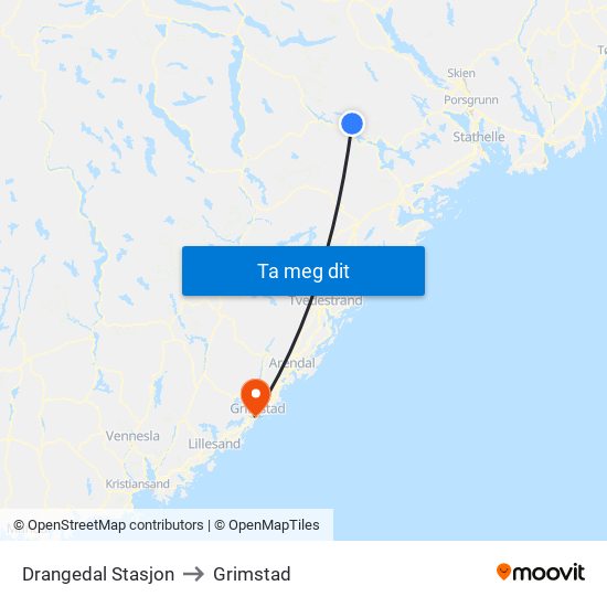 Drangedal Stasjon to Grimstad map