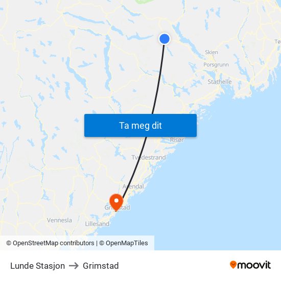 Lunde Stasjon to Grimstad map