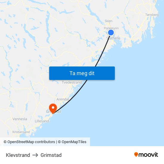 Klevstrand to Grimstad map