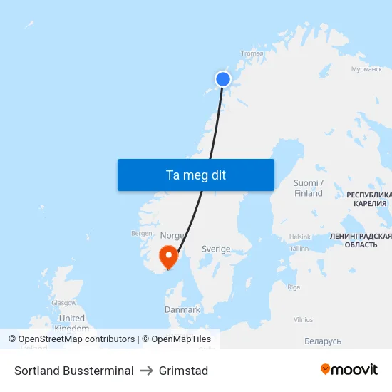 Sortland Bussterminal to Grimstad map