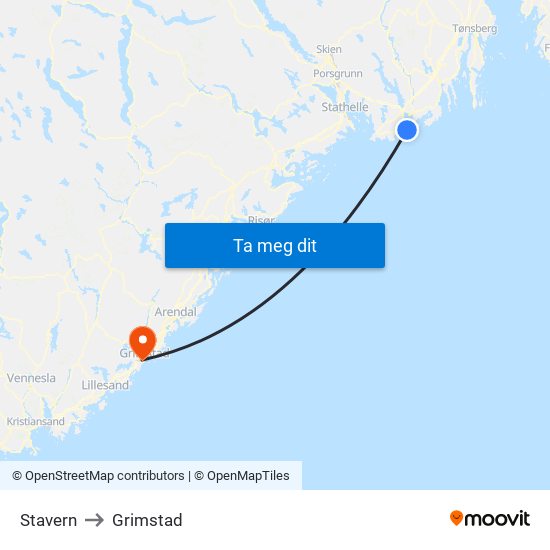 Stavern to Grimstad map