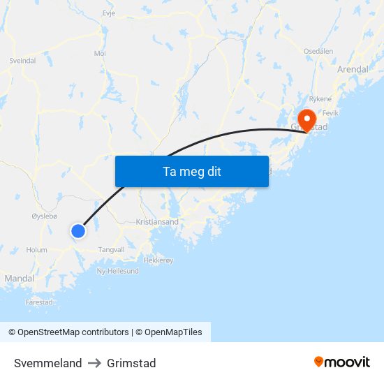 Svemmeland to Grimstad map