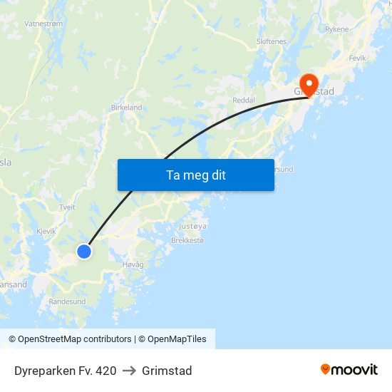 Dyreparken Fv. 420 to Grimstad map