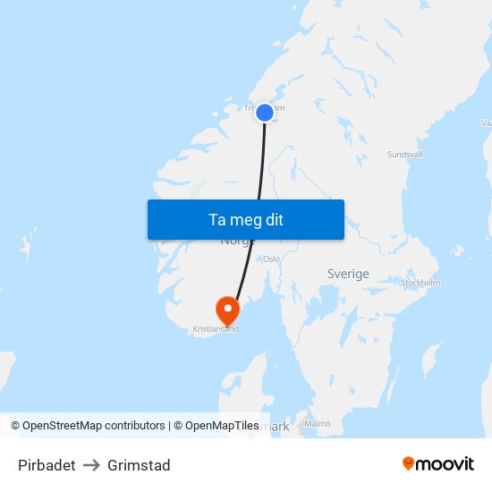 Pirbadet to Grimstad map