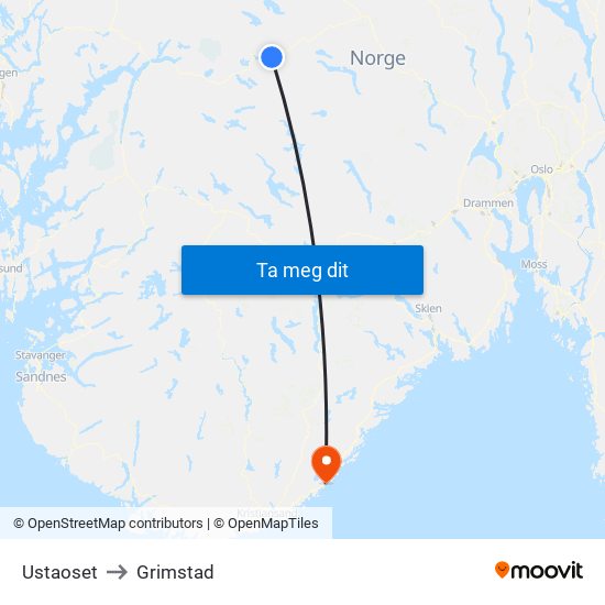 Ustaoset to Grimstad map