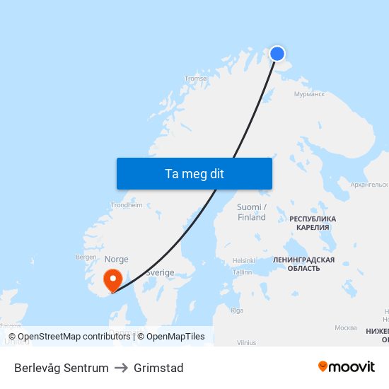 Berlevåg Sentrum to Grimstad map
