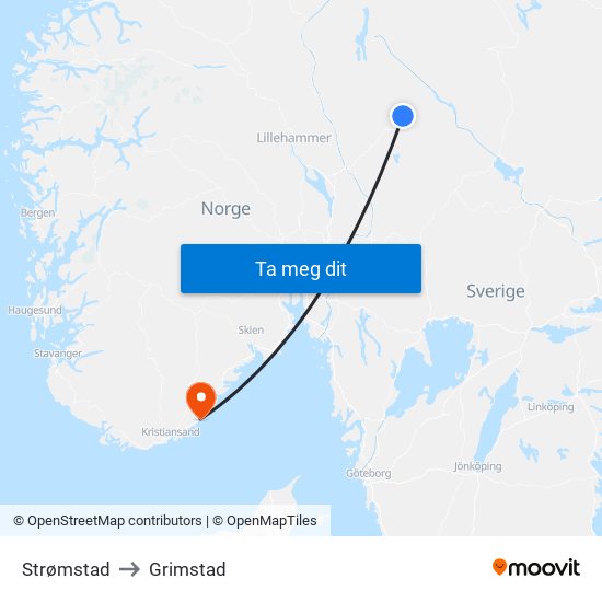 Strømstad to Grimstad map