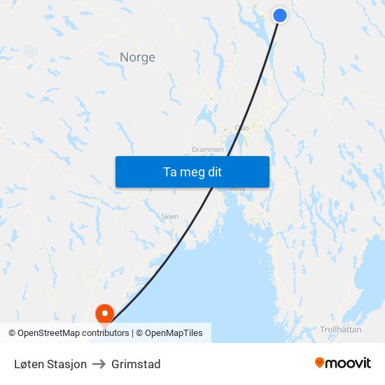 Løten Stasjon to Grimstad map