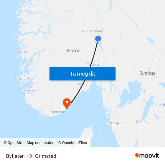 Byflaten to Grimstad map