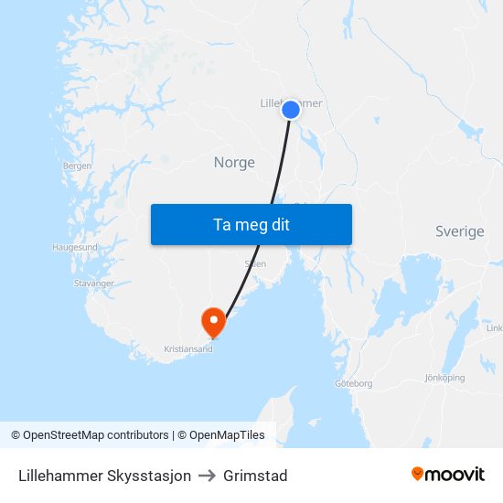 Lillehammer Skysstasjon to Grimstad map