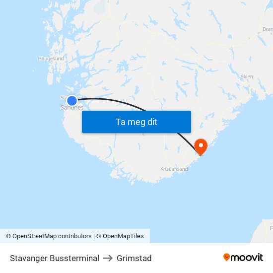 Stavanger Bussterminal to Grimstad map