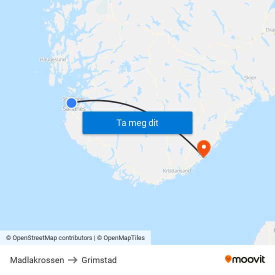 Madlakrossen to Grimstad map