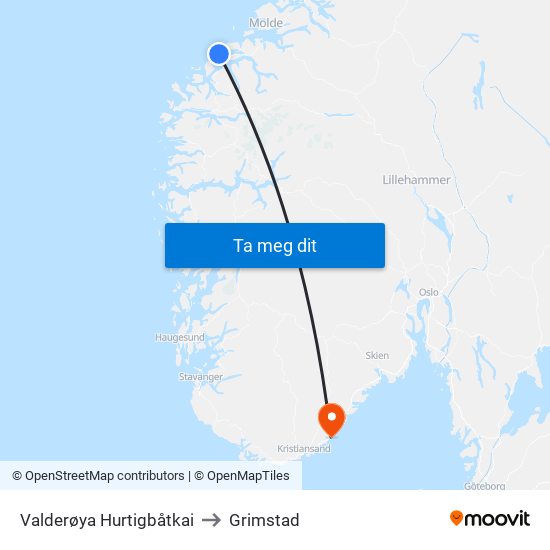 Valderøya Hurtigbåtkai to Grimstad map