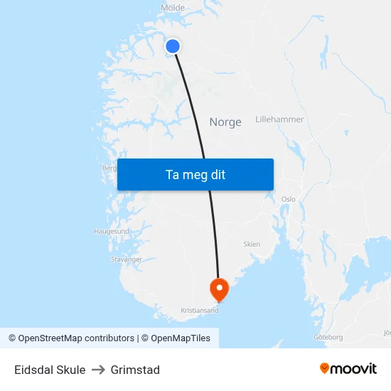 Eidsdal Skule to Grimstad map