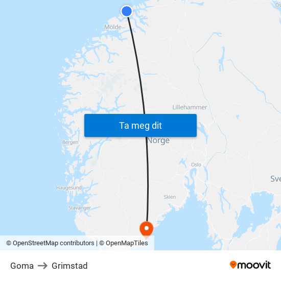Goma to Grimstad map