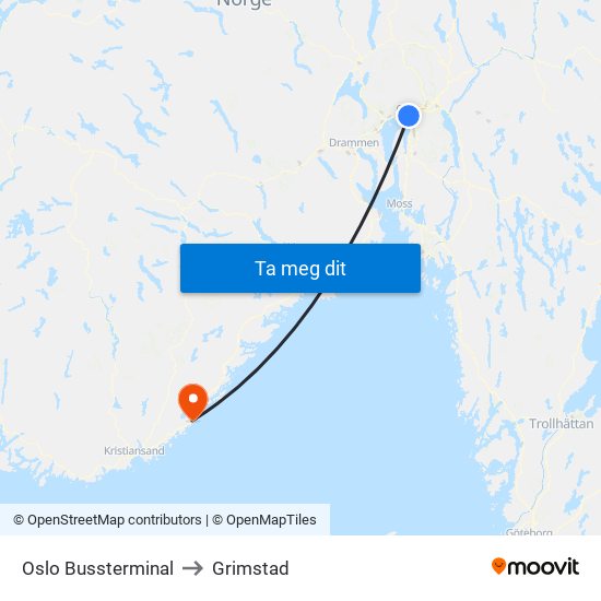 Oslo Bussterminal to Grimstad map