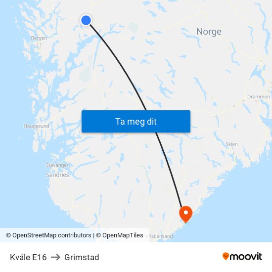Kvåle E16 to Grimstad map