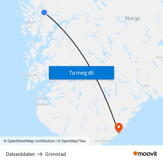 Dalseiddalen to Grimstad map