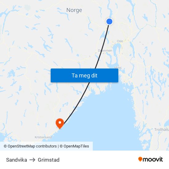 Sandvika to Grimstad map