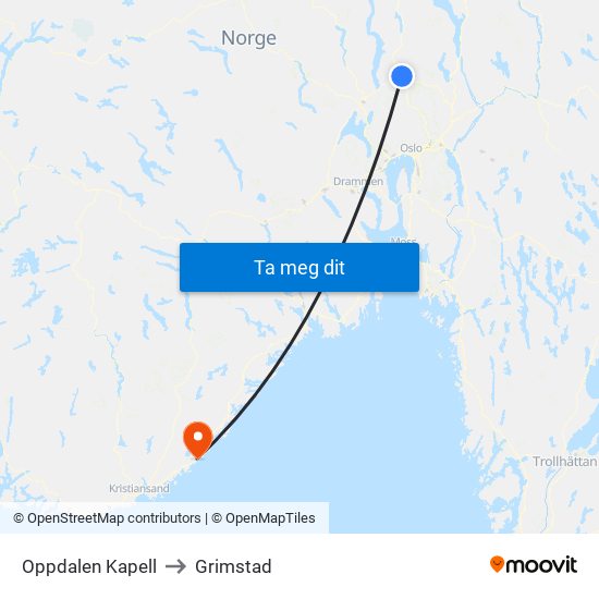 Oppdalen Kapell to Grimstad map