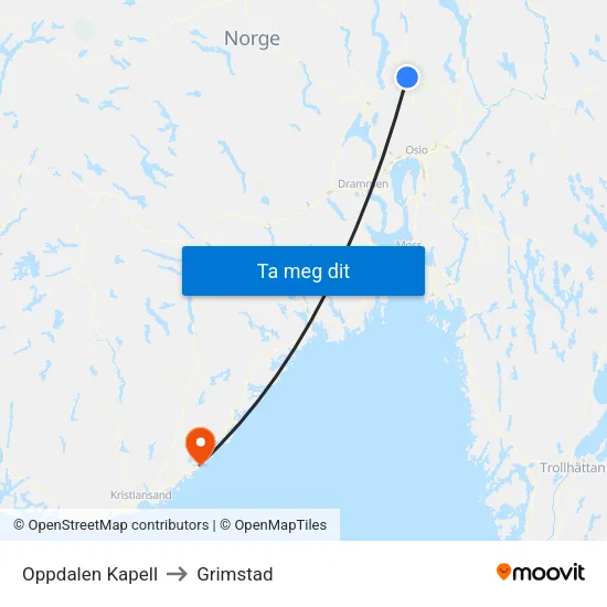 Oppdalen Kapell to Grimstad map