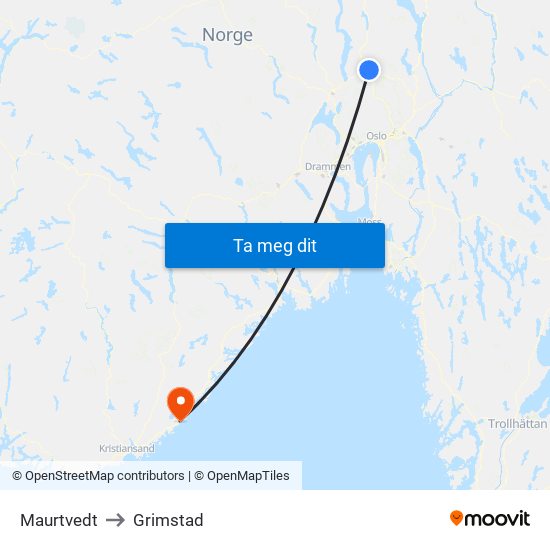 Maurtvedt to Grimstad map