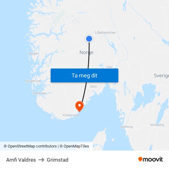 Amfi Valdres to Grimstad map