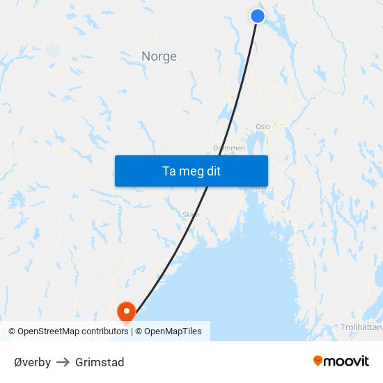 Øverby to Grimstad map