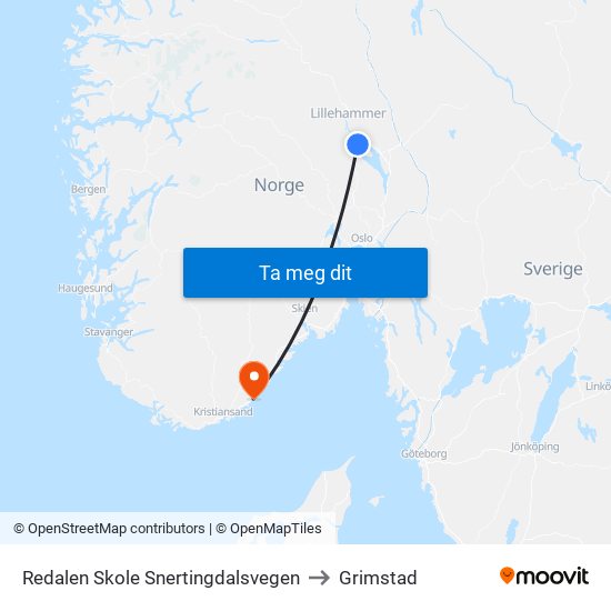 Redalen Skole Snertingdalsvegen to Grimstad map