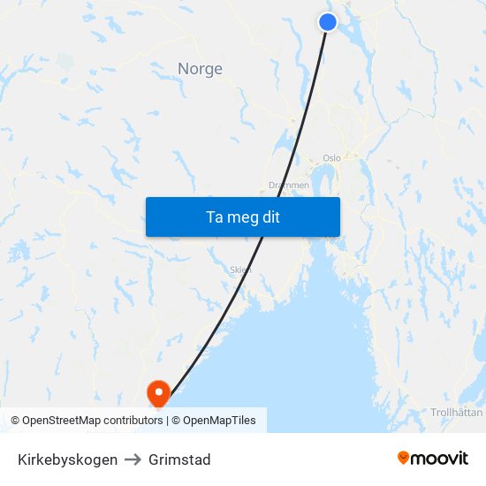 Kirkebyskogen to Grimstad map