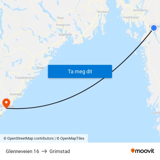 Glenneveien 16 to Grimstad map