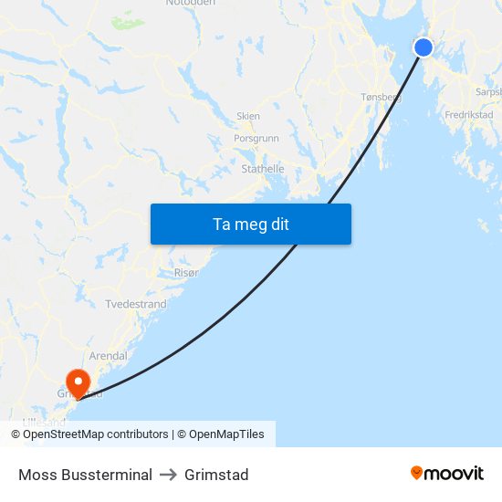 Moss Bussterminal to Grimstad map