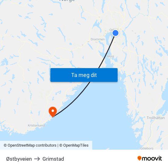 Østbyveien to Grimstad map