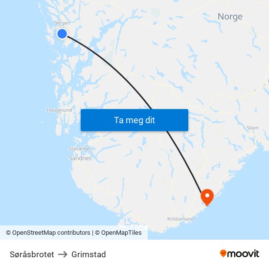 Søråsbrotet to Grimstad map