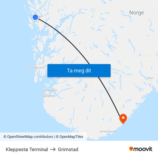 Kleppestø Terminal to Grimstad map