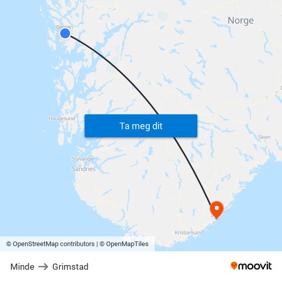 Minde to Grimstad map