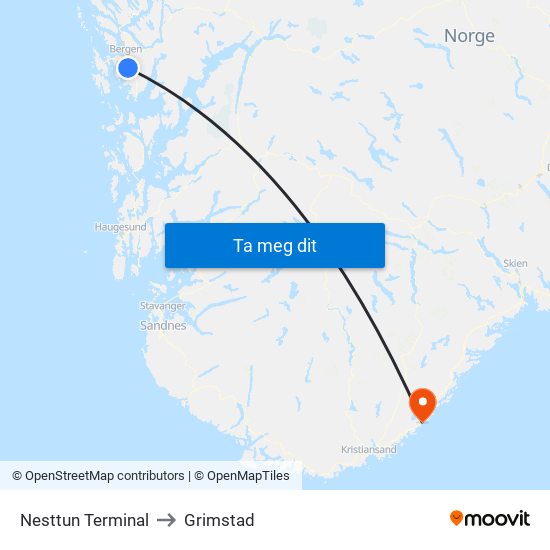 Nesttun Terminal to Grimstad map
