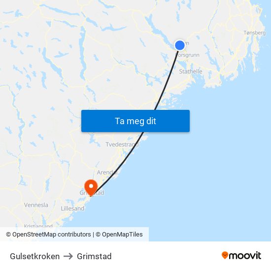Gulsetkroken to Grimstad map