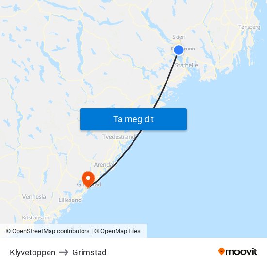 Klyvetoppen to Grimstad map