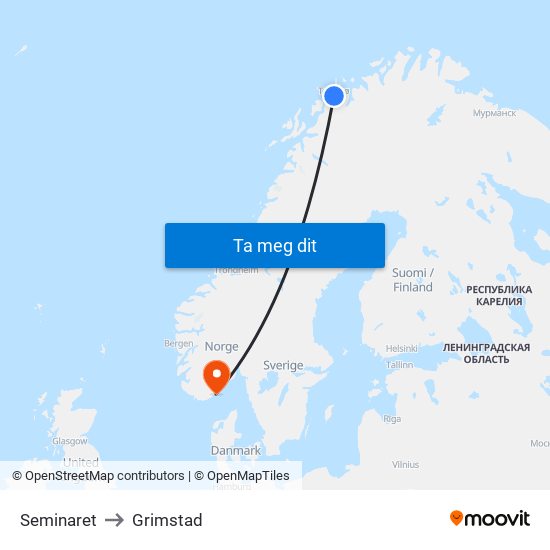 Seminaret to Grimstad map