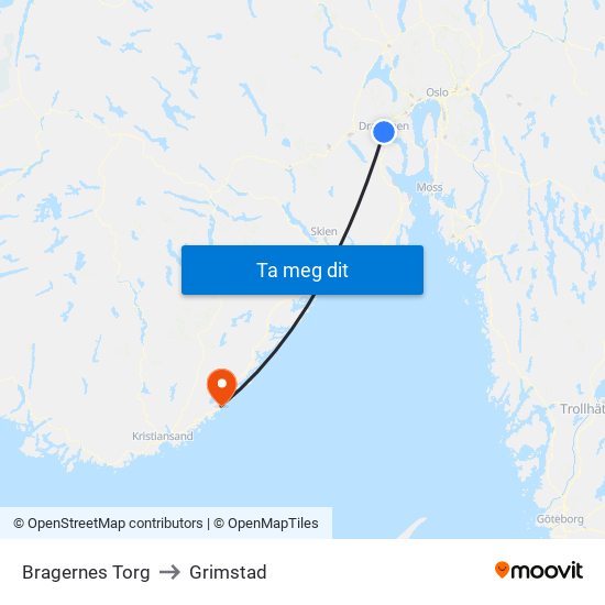 Bragernes Torg to Grimstad map