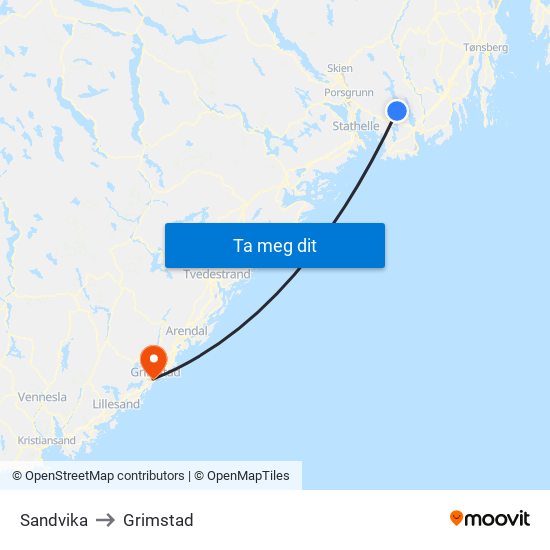 Sandvika to Grimstad map