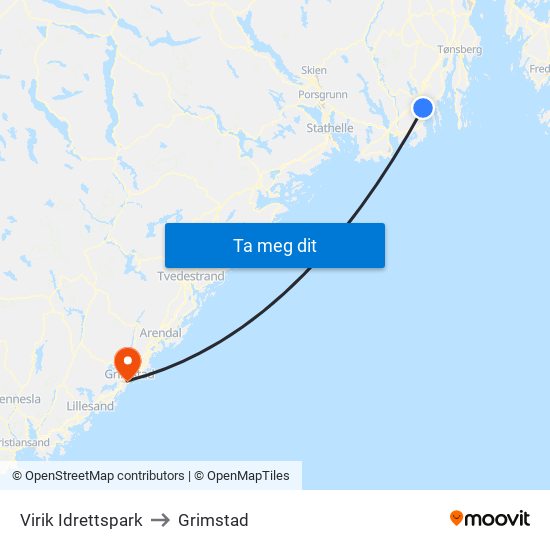 Virik Idrettspark to Grimstad map